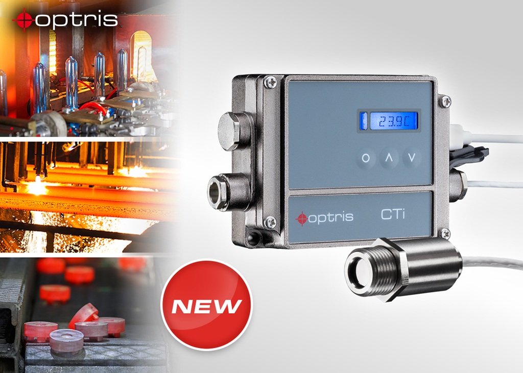 Optris CTi Infrarot-Thermosensor mit Anzeigeeinheit, vorgestellt in industrieller Umgebung zur berührungslosen Temperaturmessung; Produktneuheit für Hochtemperatur- und Prozessüberwachung