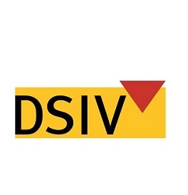 Logo Deutscher Schüttgut Industrie Verband Gelb mit rotem Keil nach unten was an ein Silo erinnert