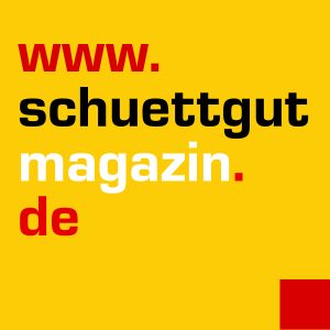 Schriftlogo schuettgutmagazin.de. Hintergrund ist gelb, Schrift rot, schwarz und weiß. Unten rechts ist ein rotes Quadrat