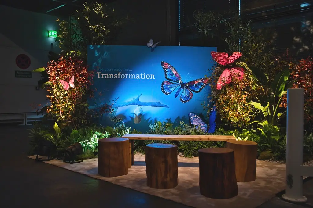 Entspannungsplatz vor einer Fotowand mit den Worten Transformation und Schmetterlingen in der Deko