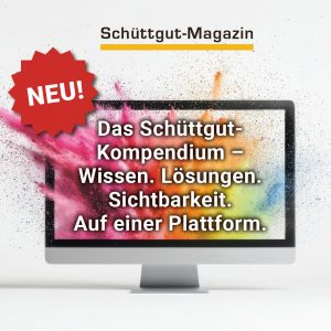 Bildschirm in dem Farbpulverexplodiert mit dem Satz "Das Schüttgutkompenium - Wissen. Lösungen. Sichbarkeit. Auf einer Plattform.
