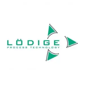 Wortlogo der Lödige Process Technologie in Grün mit drei kleinen Dreiecken, die um einen Kreis drappiert sind.