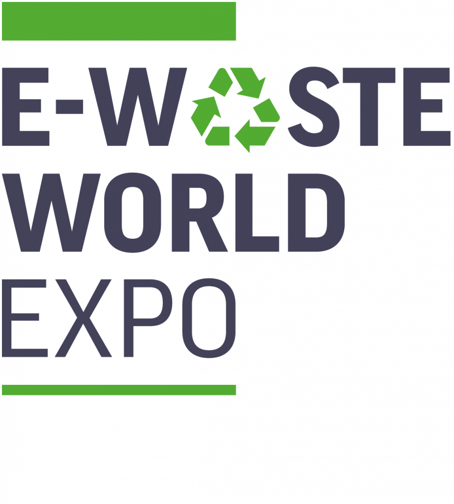 Logo der E-Waste World Expo mit stilisiertem Recycling-Symbol und Fokus auf nachhaltige Lösungen für Elektroschrott und Ressourcenrückgewinnung.