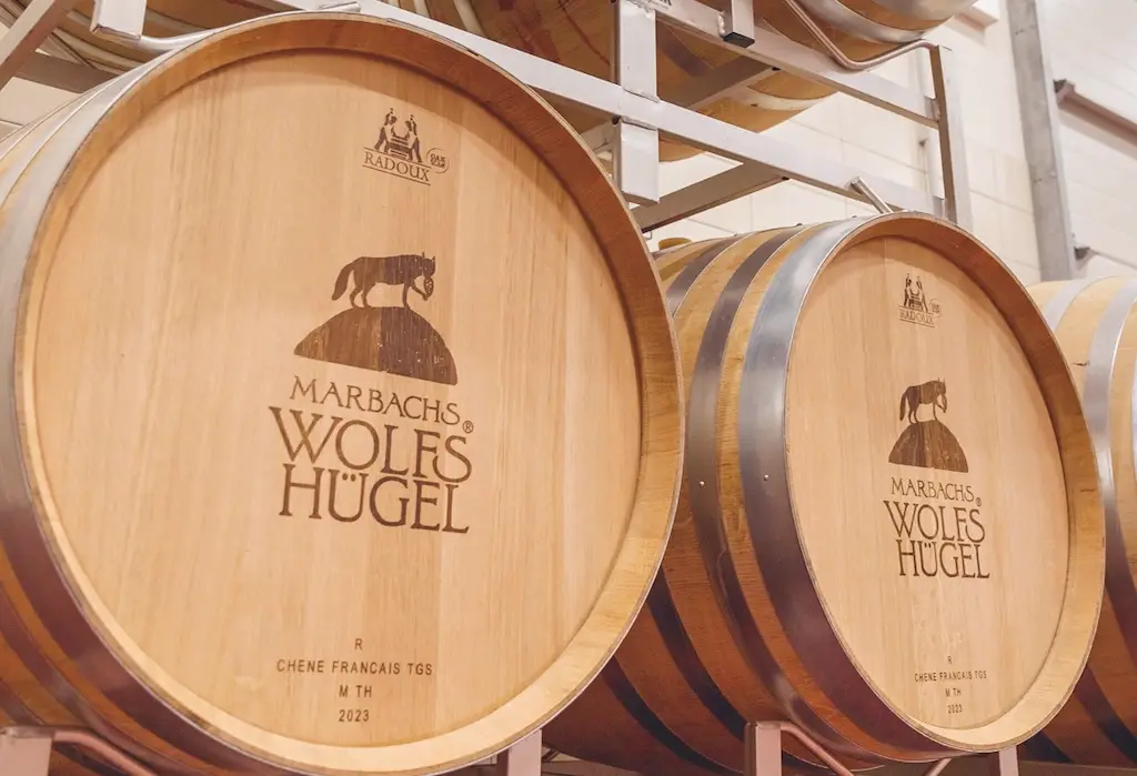 Eichenholzfässer der Weinlage Marbachs Wolfshügel im Weinkeller zur Reifung von Prädikatswein.