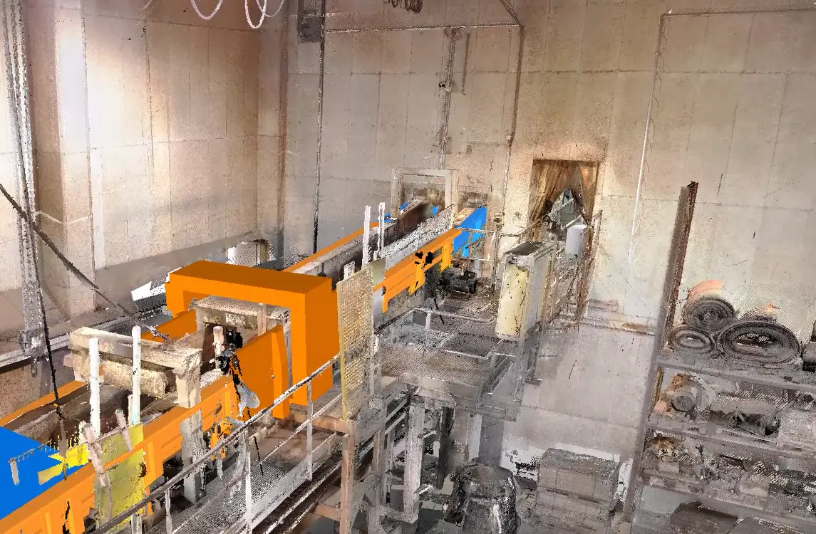 Rundholz Förderanlage mit 3D-Scan und digitalem Anlagenmodell