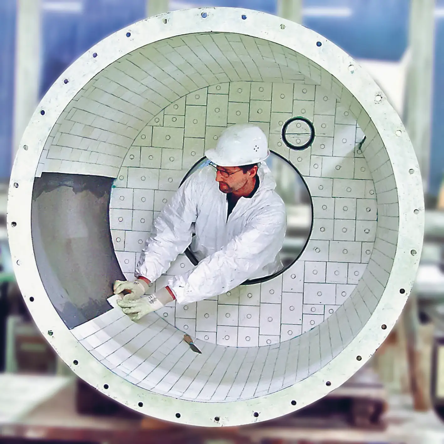 Techniker in weißem Schutzanzug und Helm verlegt KALOCER-Keramikplatten im Inneren eines großen zylindrischen Zykloneinlaufs von Hand