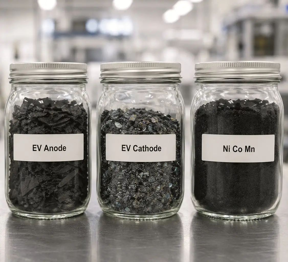 Batterierecycling mit aufbereiteten Anoden-, Kathoden- und Nickel-Kobalt-Mangan-Materialien für die Rohstoffrückgewinnung