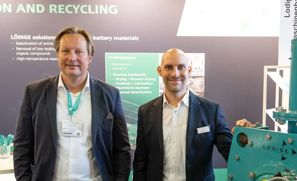 Ausstellerstand von Gebrüder Lödige Maschinenbau GmbH auf der Battery Recycling Expo mit Verfahrenstechnik für die Vorbehandlung von Batteriematerialien