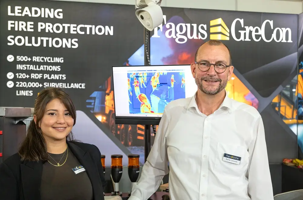 Ausstellerstand von Fagus-GreCon mit Brandschutz- und Überwachungstechnik für Recyclinganlagen auf der E‑Waste World Expo