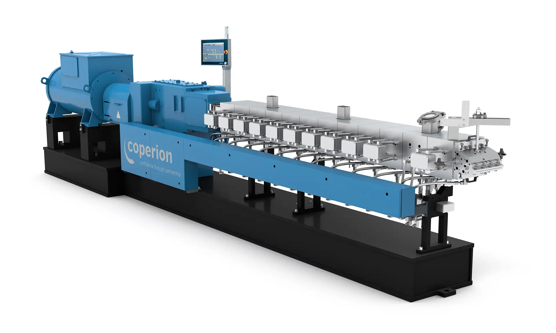 ZSK Mc18 Doppelschneckenextruder mit Antrieb, Verfahrensteil und Steuerungseinheit