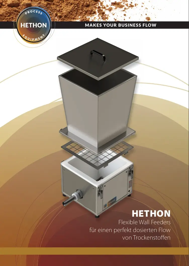 Produktflyer HETHON Flexible Wall Feeder für die präzise Dosierung von Pulvern, Granulaten und Schüttgütern in industriellen Dosier- und Förderprozessen.