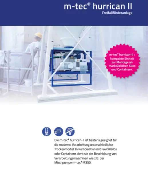 m-tec Fördertechnik unterstützt den staubarmen und kontinuierlichen Transport von Trockenmörteln und feinkörnigen Schüttgütern. Die Systeme tragen zu einem zuverlässigen Materialfluss zwischen Lagerung, Dosierung und Verarbeitung bei und unterstützen wirtschaftliche Logistik- und Produktionsprozesse.