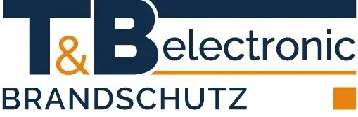 Logo von T&B electronic BRANDSCHUTZ. Das Firmenlogo zeigt die Buchstaben „T&B“ in Dunkelblau mit orangefarbenem Ampersand-Zeichen. Rechts daneben steht „electronic“ in Dunkelblau. Unterhalb befindet sich die Bezeichnung „BRANDSCHUTZ“ in Großbuchstaben. Das Logo ist in den Farben Dunkelblau, Weiß und Orange gestaltet.