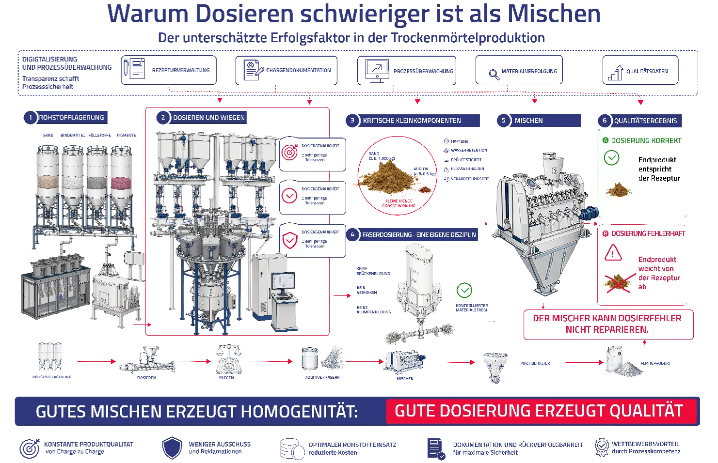 Prozessschema zur Dosierung und Mischung in der Trockenmörtelproduktion mit Rohstofflagerung, Wiegen, Additiv- und Faserdosierung sowie Qualitätskontrolle