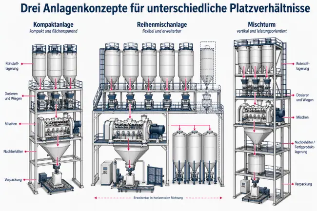 Vergleich von Kompaktanlage, Reihenmischanlage und Mischturm für unterschiedliche Platzverhältnisse