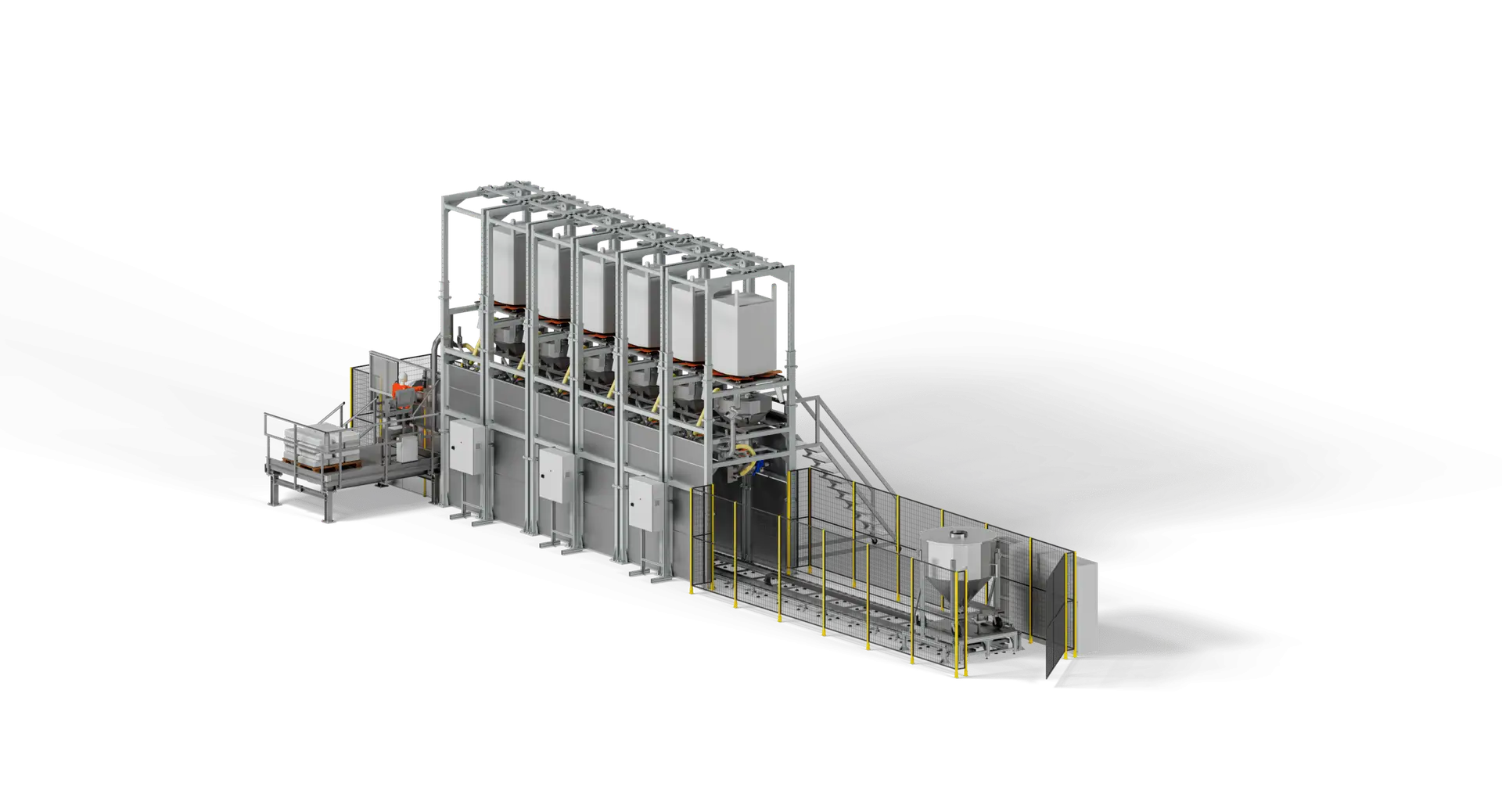 3D-Darstellung einer Dosieranlage mit sechs Big-Bag-Stationen im Traggerüst, Bedienplattform und Fördereinrichtung mit Schutzgitter