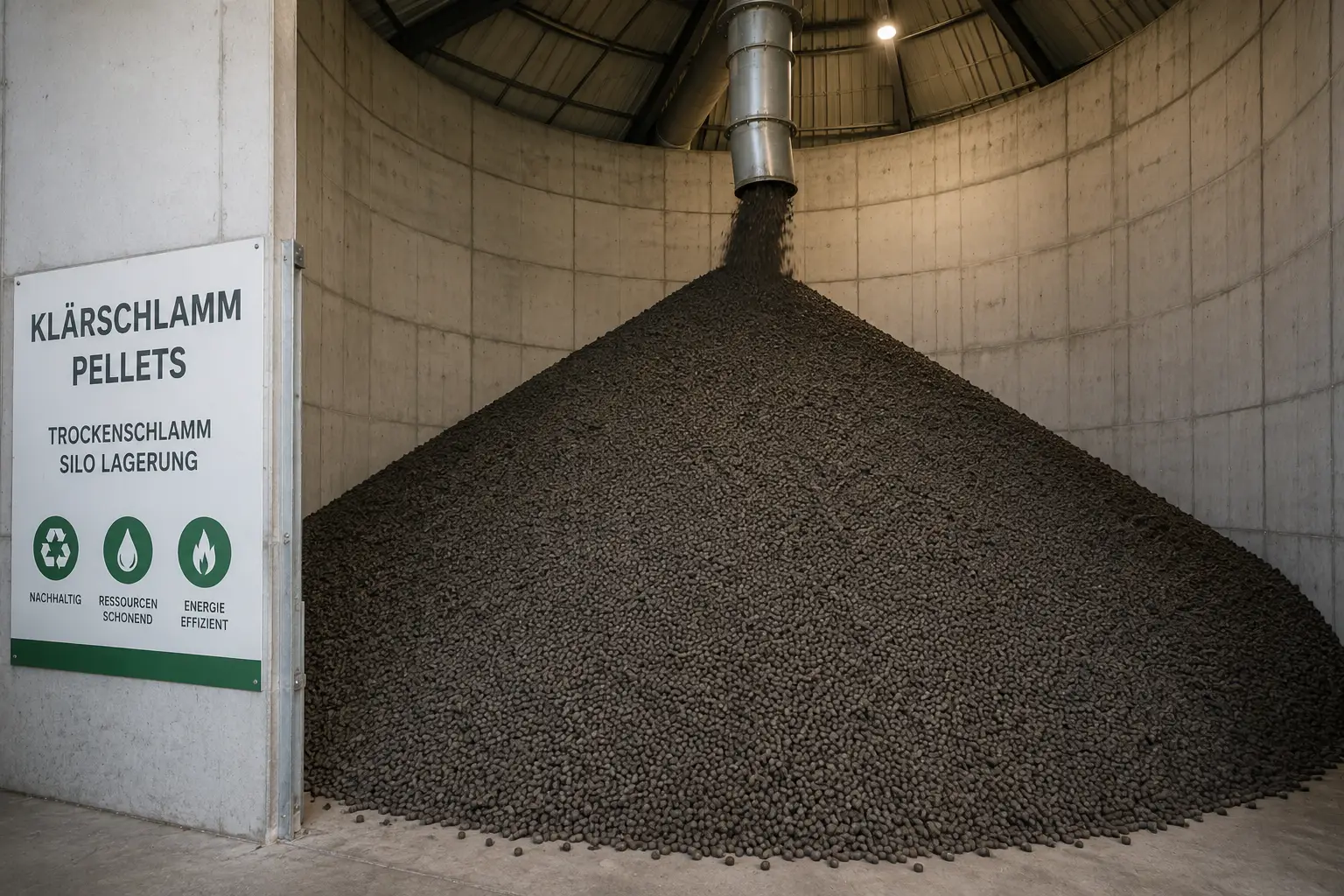 Kegelförmige Schüttung aus Klärschlammpellets in einem Betonsilo unter einem Einlaufrohr, daneben ein Schild mit der Aufschrift „Klärschlamm Pellets – Trockenschlamm Silo Lagerung"