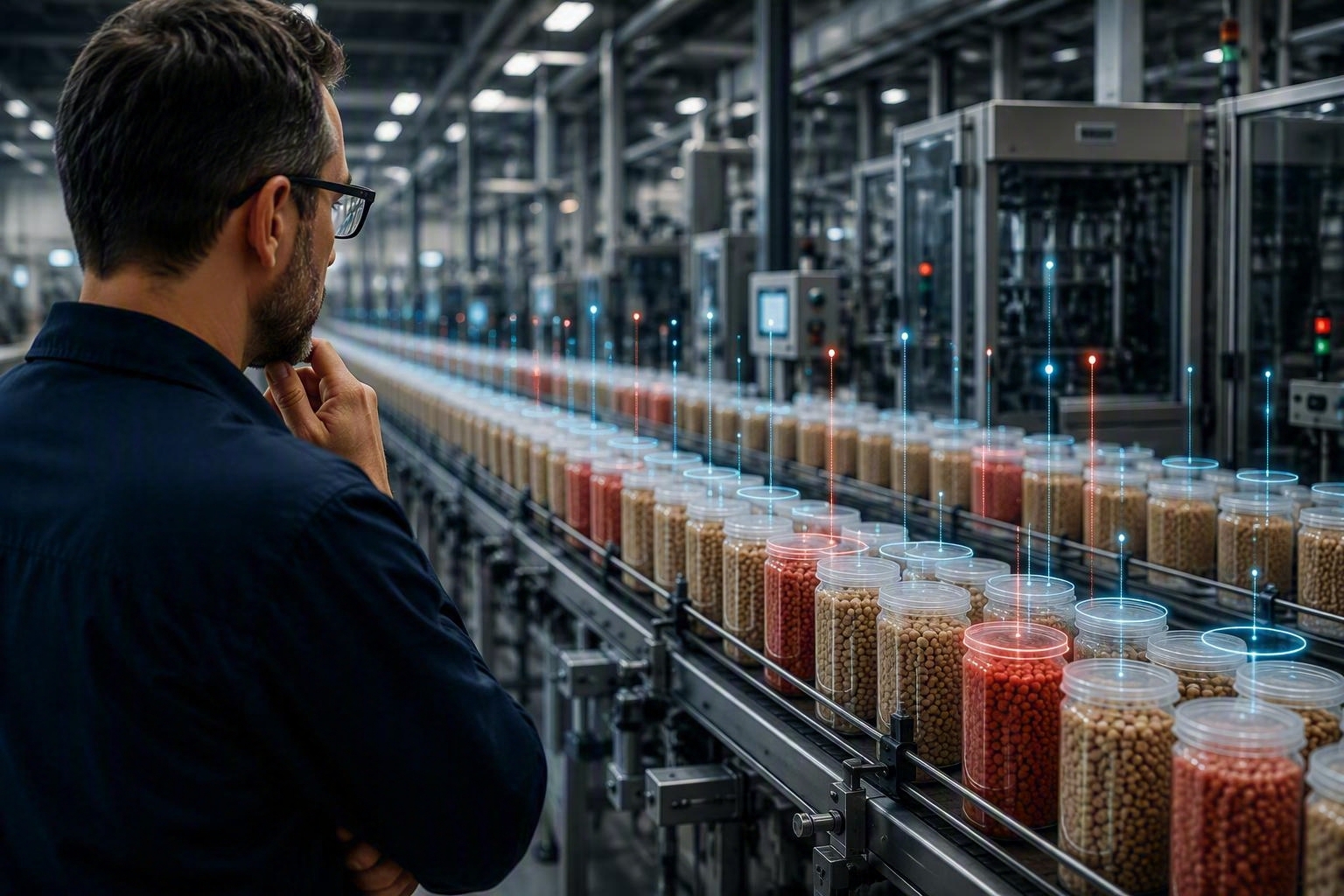 Produktionslinie mit verpackten Lebensmitteln und digitaler Prozessüberwachung. Moderne Wäge- und Inspektionstechnologien erfassen Produktionsdaten in Echtzeit zur Optimierung von Materialeinsatz, Qualitätssicherung und Effizienz