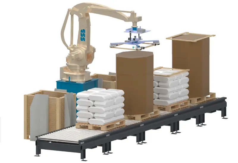Robotiklösung Palettierroboter Holzrahmen Greifer