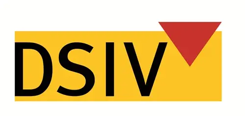 Wortlogo des Fachverbandes für Feststoff Technologie DSIV, gelb hinterlegt mit roten Dreieck oben rechts