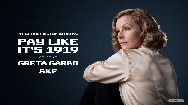 Kampagnenmotiv mit einer Frau im hellen Satinkleid vor dunklem Hintergrund, daneben der Schriftzug „Pay like it's 1919" und der Hinweis auf KI-Generierung