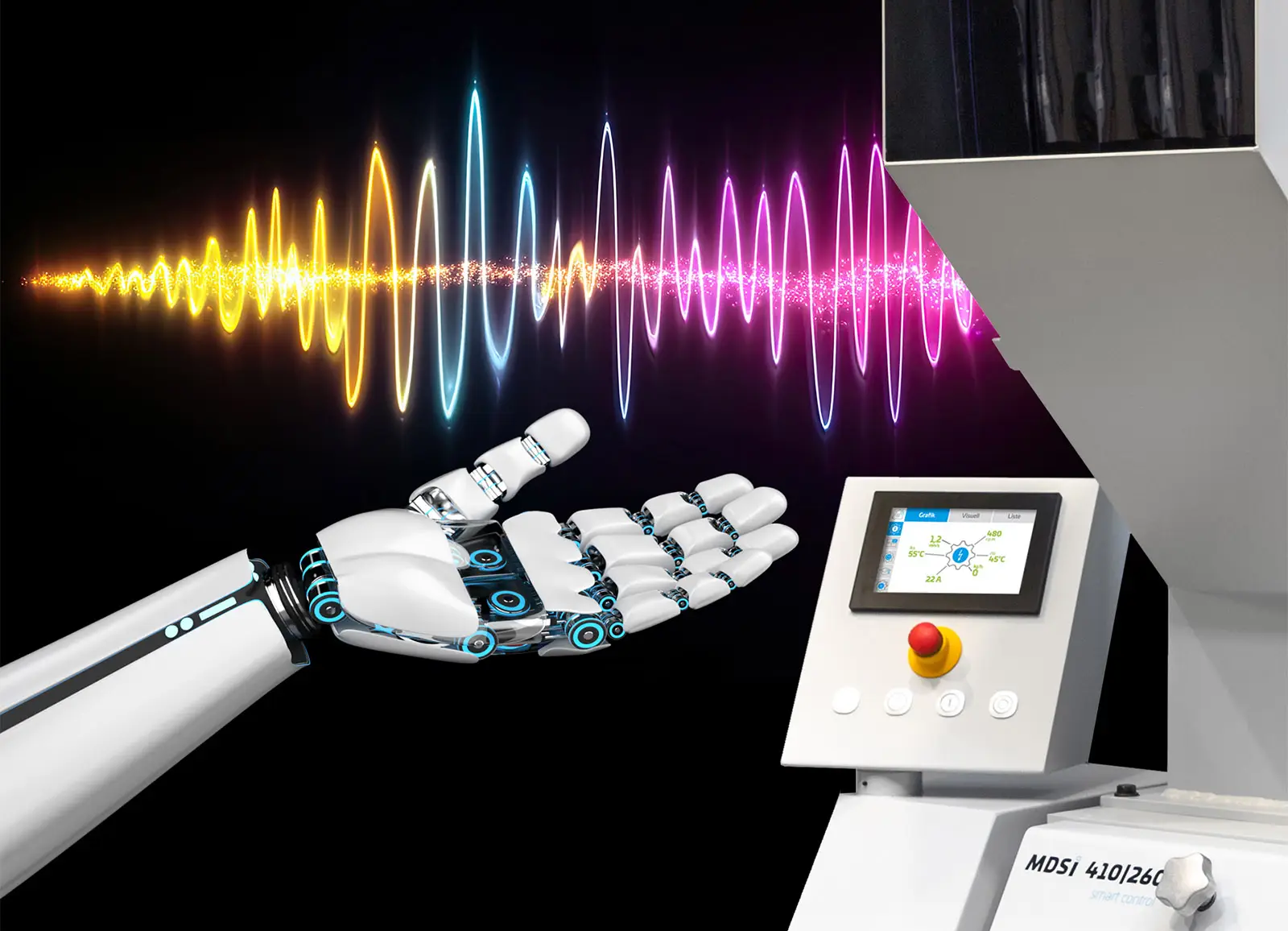 Symbolbild zur Schwingungsanalyse von Industriemühlen: Eine Roboterhand und ein Maschinenbedienfeld werden von farbigen Schwingungskurven begleitet, die die Überwachung des Maschinenzustands visualisieren.